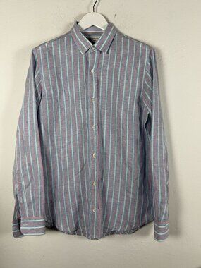 Mario Romano Mens Striped Linen Button-Up Shirt Made In Italy Large Blue & Pink